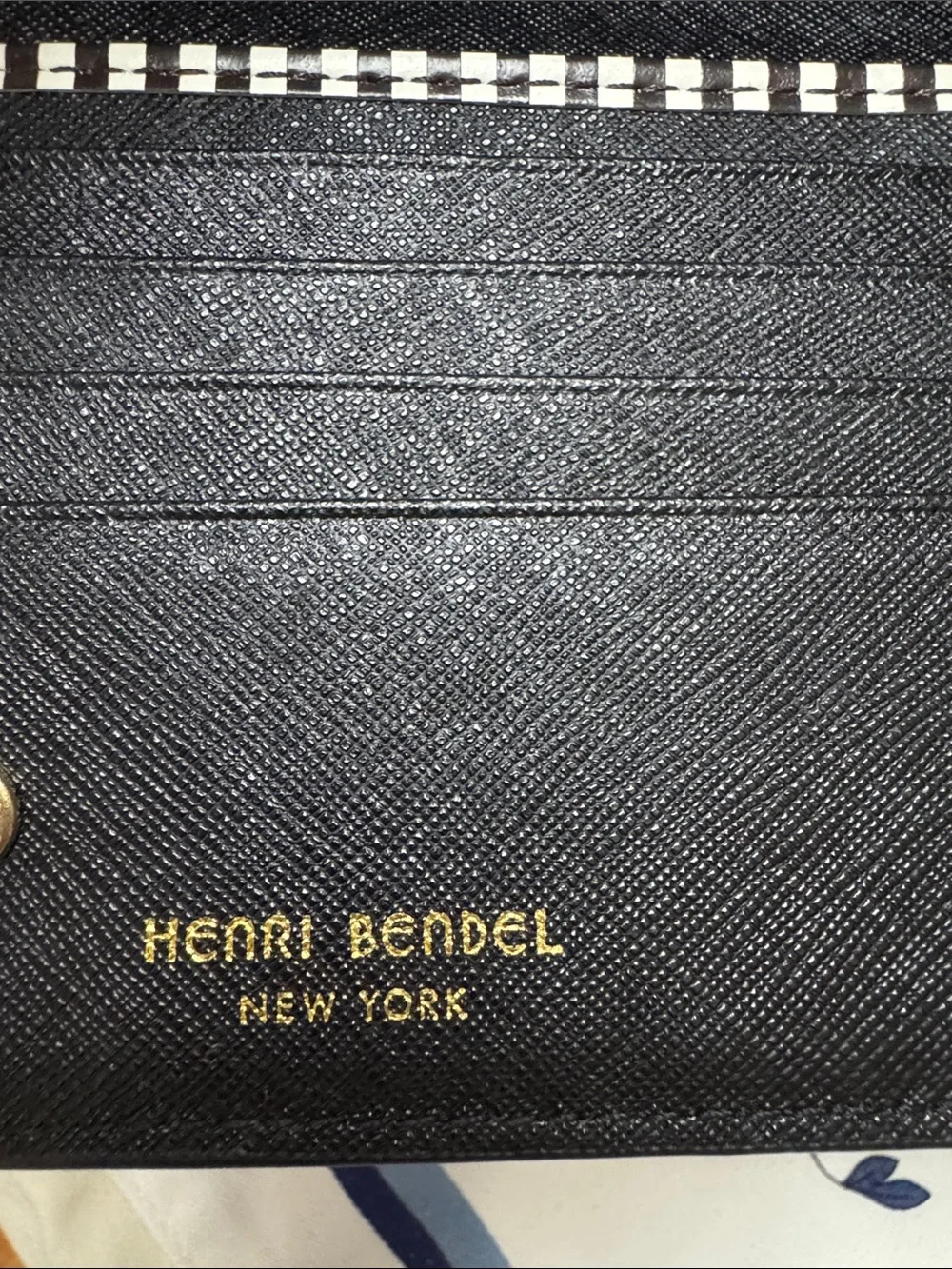 henri bendel Black Saffiano Leather Wallet with Gold Plaque